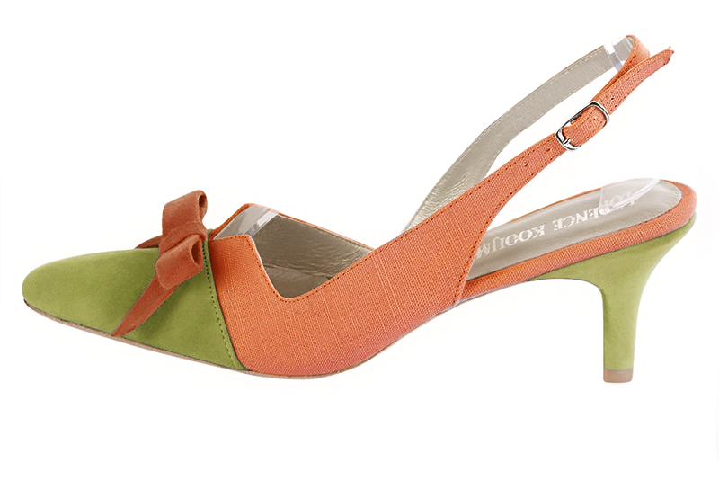 Pistachio green and peach orange women's open back shoes, with a knot. Tapered toe. Medium slim heel. Profile view - Florence KOOIJMAN